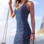 Athleta MT Ember Blue White Striped Midi Racerback Dress M Ruched Sides Stretch Photo 1
