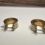 Monet  Cream Enamel Gold Tone Huggie Hoop Pierced Earrings Signed Photo 6