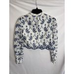 AQUA  Embroidered Crop Top Mock Neck Long‎ Sleeve Blouse White Blue XS Photo 3