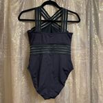 Kenneth Cole Black One Piece Cross Neck Illusion Striped One Piece Swimsuit, M Photo 2