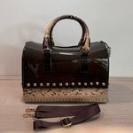 Large Studded Jelly & Faux Snakeskin Duffle Shaped Bag Oversized Purse Y2K Glam Brown Photo 8