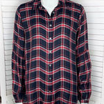 Loft Plaid Lightweight Bishop Sleeve Button Up Tunic Shirt Blue Red Small Photo 0