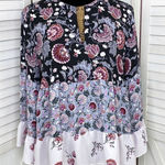 Loft Mixed Flowers Tiered Velvet Collar Boho Blouse Black Purple Medium Photo 0