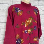Leslie Fay Vintage 90s  Mock Neck Sweater Size L Maroon Red Floral Embroidered Photo 1