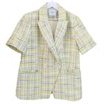Maison D’ Amelie Yellow Tweed Plaid Double Breasted Short Sleeve Blazer XS Photo 0