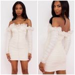 House Of CB  Astrid Ivory Chiffon Ruffle Bardot Ruched Mini Dress Size L+ Photo 2