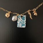 Gold Charm Necklace Blue and White fruit tile and tiny gold lemon and tomato Photo 3