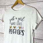 A New Day Just a Girl Who Loves Peckers White Graphic Glitter Tee Size Small Chicken Coop Photo 2