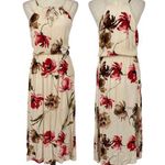 NO BRAND Floral High Neck Sheath Maxi Dress Cream Red Size Large Double Slit Hem Photo 0