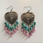 Vintage large silvertone hearts with birds boho statement beaded earrings Pink Photo 2