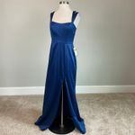 XScape  Satin Double Strap Sleeveless Column Evening Gown Blue Size 6 Thigh Slit Photo 1