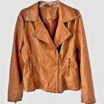 Max Studio  XL Tan Cognac Faux Leather Moto Jacket Notch Lapel Zip Pockets Biker Photo 0