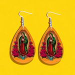 Rose Flower Virgin Mary Print‎ Teardrop Dangle Earrings Faux Leather Orange Photo 8