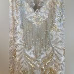 Vintage Mermaid Beaded Ling Sleeve Sheer Wedding Dress Size 10 Fringe White Photo 4