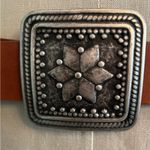 Belgo Lux Brown Leather Belt with Italian Silvertone large square flower buckle Size M Photo 3