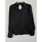 BTFBM Women’s M Black Satin Button Down Shirt Lantern Long Sleeve Office Casual Size M Photo 12