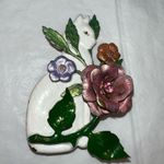 Vintage Painted Metal and Rhinestone White Cat and Flower Pin White Photo 1