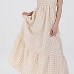Ruffle Plaid Gingham Long Dress Shirred Stretchy Strap Flowy Retro Dress Beige Tan Size undefined Photo 0