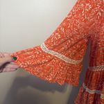 Free People XS Orange Boho Print Tunic Top Blouse W Ivory Crochet Trim Tiered Photo 1