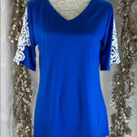 Amazon Blue Lace Sleeve V-Neck Top – Medium, Elegant & Feminine Photo 0