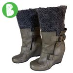 Latitude Femme (ANTHROPOLOGIE) GRAY LEATHER WITH WOOL SOCK WEDGE HEEL BOOTS (36) Photo 2