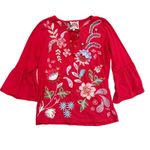 Johnny Was Freyde Women's M Red T-Shirt Floral Embroidered Bell Sleeve Boho Photo 2