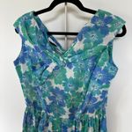 Vintage 60s Floral Garden Party Dress Fit Flare Blue Green Nautical Vacation Size M Photo 2