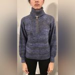 J.Crew Lot of 2 Sweaters Blue Zip Turtleneck, Gray Striped Elbow Patches Medium Photo 2