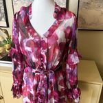 Marchesa Notte Oleander Floral Print Asymmetrical Ruffle Midi Dress Size 2 Purple Photo 3