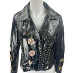 Elli White Black Faux Leather Floral Embroidered Studded Moto Biker Jacket Sz S Photo 0