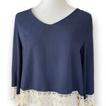 Anthropologie Womens  Alya Flowy Lace Hem Trimmed Navy V Neck Top - Sz S Photo 0