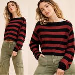 Free People Boxy Boat Neck Into The Blue Pullover Sweater Brown Stripes Large Photo 1