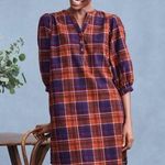 Garnet Hill  Brown Plaid Corduroy Puff Sleeve Shift Mini Dress Sz.M Photo 0