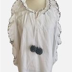 Pure Nordic | White Blouse Cold Shoulder Cutouts Pom Poms Black Stitching XS Photo 0