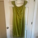 Pretty Little Thing NWT  Olive Satin Bardot Tassel Hem Draped Midi Dress Sz 12 Photo 8