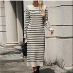 Womens Striped Sweater Dress Knit Crewneck Long Sleeve Casual Midi Dress. Size S Black Photo 4