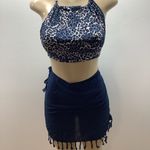 Zuliana Leopard Print Halter Top and Navy Fringe Sarong Skirt. 100% Rayon Black Photo 1