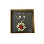 New Monet Gold Tone Ruby Colored Rhinestone Pendant Necklace & Stud Earrings Red Photo 1