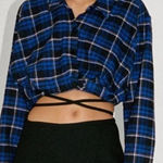 ZARA Blue Plaid Flannel Cropped Button Down Shirt Size XS Photo 0