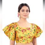 None Women’s Yellow Floral Silk Ruffle Short Sleeve Cropped Blouse Size Medium Photo 1