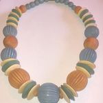 Vintage Neutral Tone Blue & Tan Wood Beaded Boho Chunky Retro Necklace Photo 0