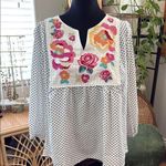 Savanna Jane White Polka Dot Floral Embroidered Long Sleeve Babydoll Top Size L Photo 0