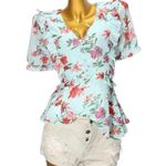 Boutique Mint/Coral Floral Print Short Sleeve Peplum Blouse Photo 0