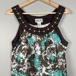 Robbie Bee Brown Teal Floral Print Beaded Neckline Cotton Dress Size 8 Beach Photo 1