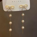 Elegant Bow White Pearl Dangle Drop Earrings for Women Gold Photo 0