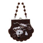 Vintage Brown Hand Beaded Floral Evening Purse Satin Lined Kiss Lock Bag, Small Photo 1