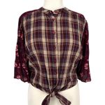 Angie Plaid Floral Button-Up Tie-Front Blouse Burgundy Size Large Photo 1