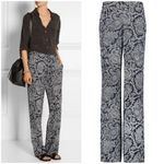 Theory  Mitrana Georgette Wide Leg Pant ~ 100% Silk Navy Blue Paisley Print Large Photo 2