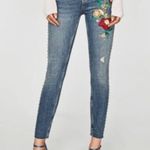 ZARA Light Wash Denim Floral Rose Embroidered Studded Raw Hem Skinny Jeans NEW Photo 1