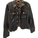 None Jean Jacket Women's Size 12 Blue Denim Jacket Pearl Studded Frayed Hem Photo 0